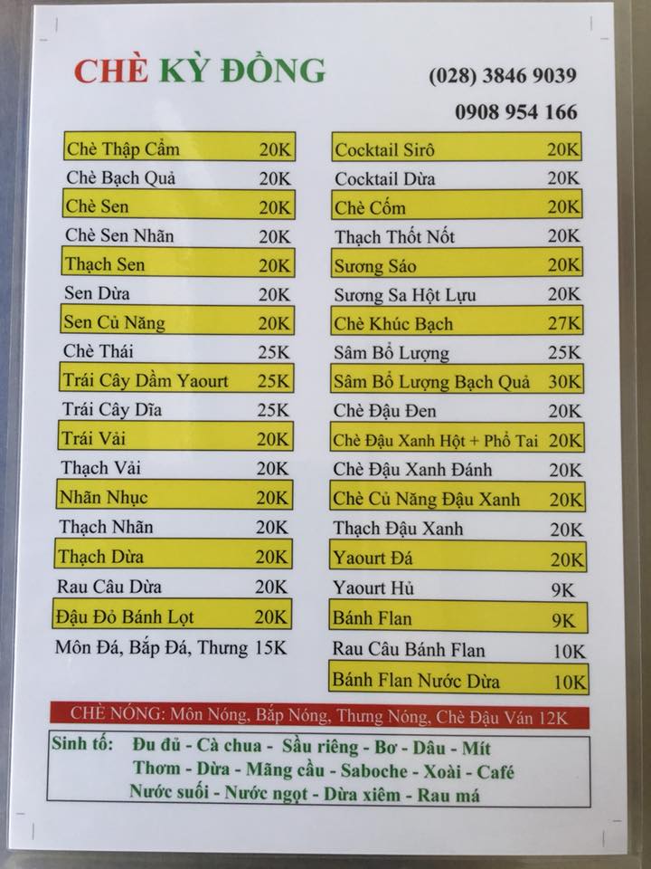 Thực đơn quán chè Kỳ Đồng Quận 3 Thành phố Hồ Chí Minh