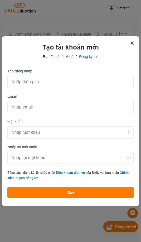 Giao diện đăng k&yacute; t&agrave;i khoản EMG