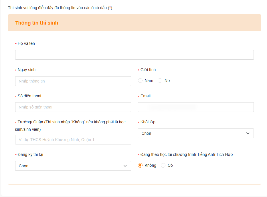 Giao diện điền th&ocirc;ng tin để đăng k&yacute; thi tại EMG