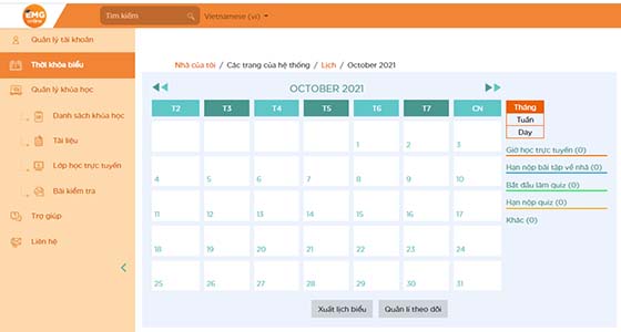 Thời khóa biểu trên hệ thống học tập trực tuyến EMG LMS