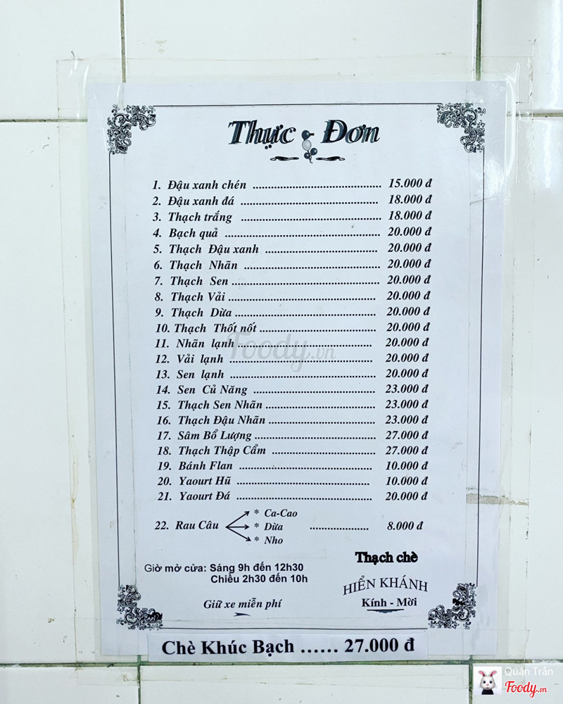 Thực đơn quán chè Hiển Khánh Quận 3 Thành phố Hồ Chí Minh